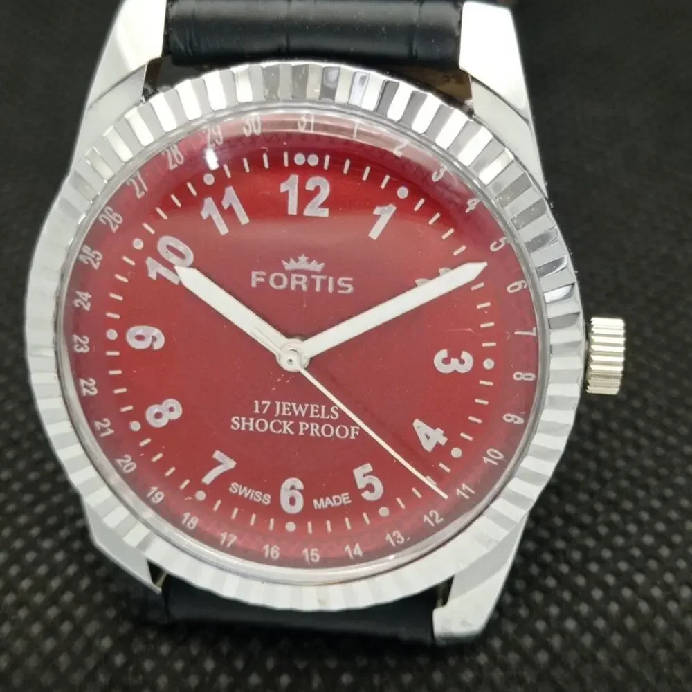 Vintage 1976 Fortis Manual Mens Silver Watch W/Leather Strap & Red accents